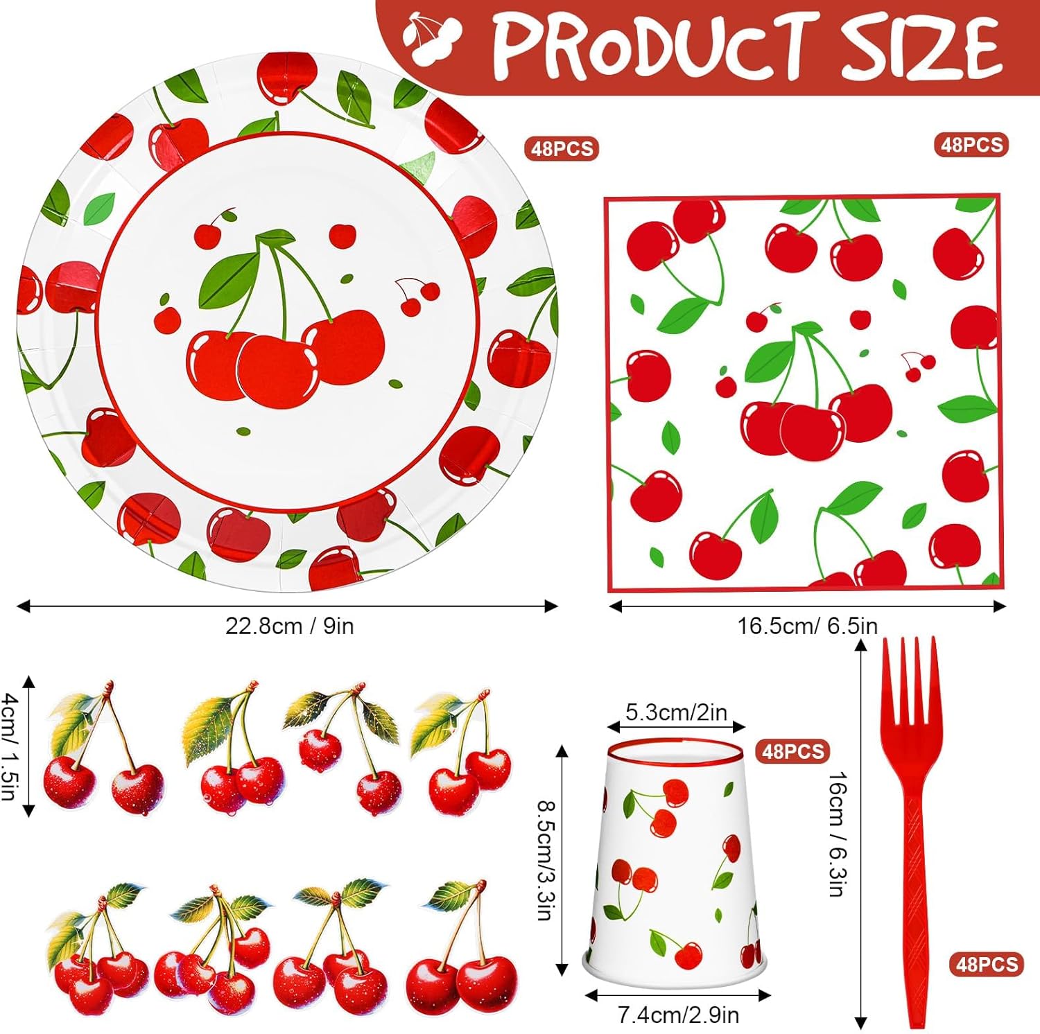 200 Pcs Cherry Party Decorations Disposable Tableware Set Serves 48 Cherry on Top Plates and Cups Napkins Forks and Hanging Cherries Decor for Cherry Birthday Theme Party Supplies
