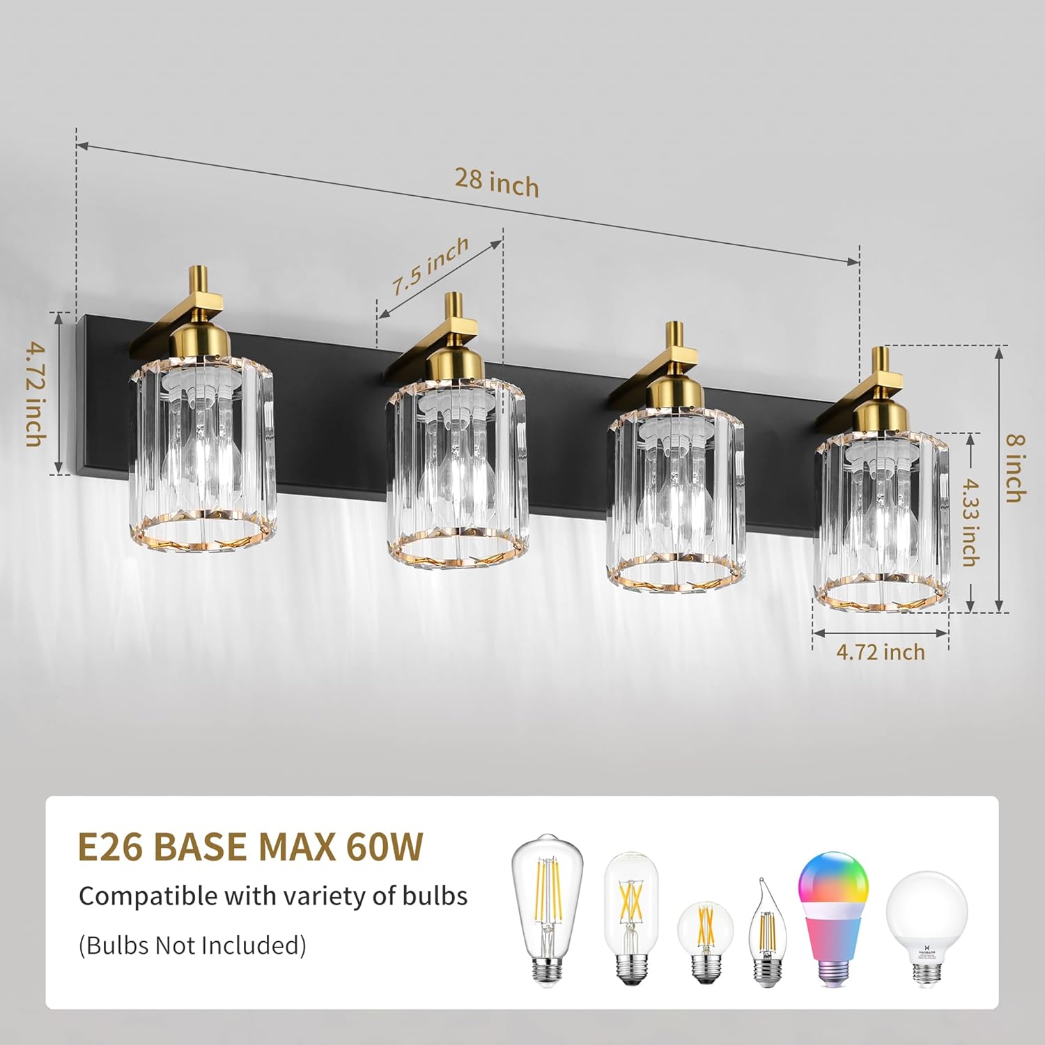 She's home 4 Light Crystal Vanity Lights for Bathroom - Black and Gold Modern Bathroom Vanity Lights Over Mirror 28 Inch, Bathroom Wall Lighting E26 Base