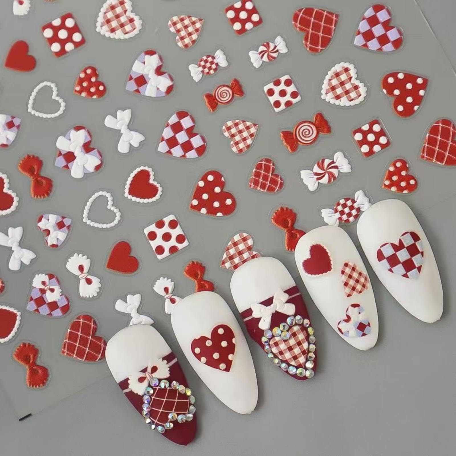 Valentines Nail Stickers Love Heart Nail Stickers Decals Red White Nail Stickers for Nails Art Self Adhesive Bow Candy Design for Women NBNTGH 5D