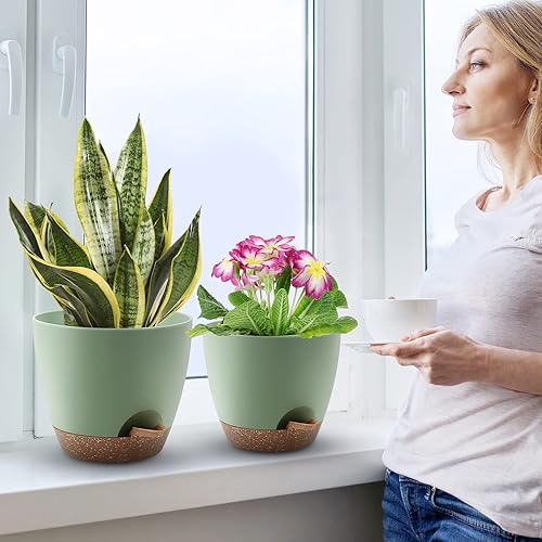 Miniatura 6 de Macetas de 10987.57 pulgadas, juego de 5 macetas de plástico con agujeros de drenaje y platillos, macetas de plástico, maceta de guardería para