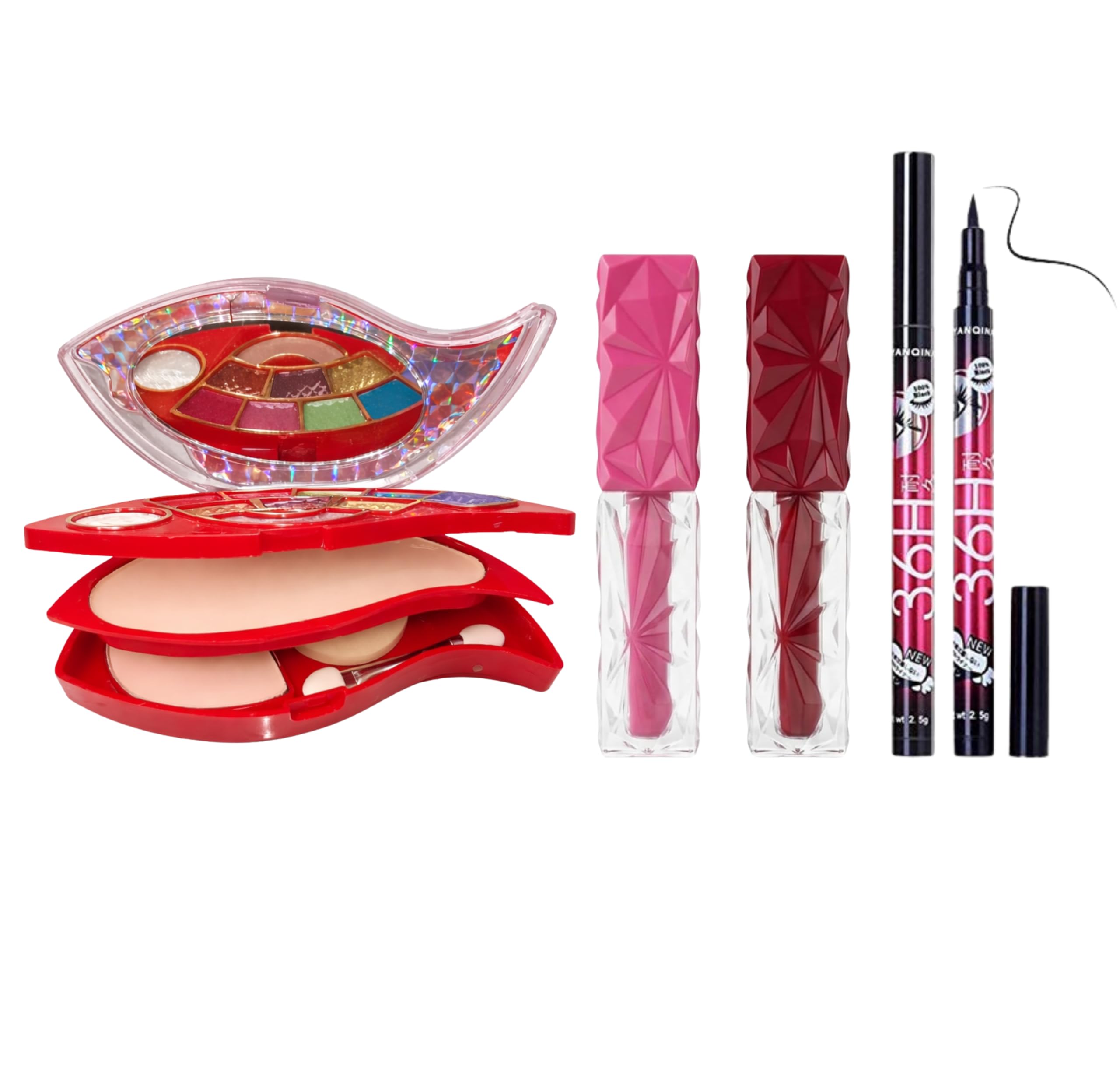 3-in-1 Full Face Makeup Palette & Matte Liquid Lipstick Combo Kit | Includes Multi-Layer Eyeshadow & Compact Powder Leaf Vanity Box, 2-Pack Geometric Lip Glosses & 36H Waterproof Black Eyeliner Pen-image-48