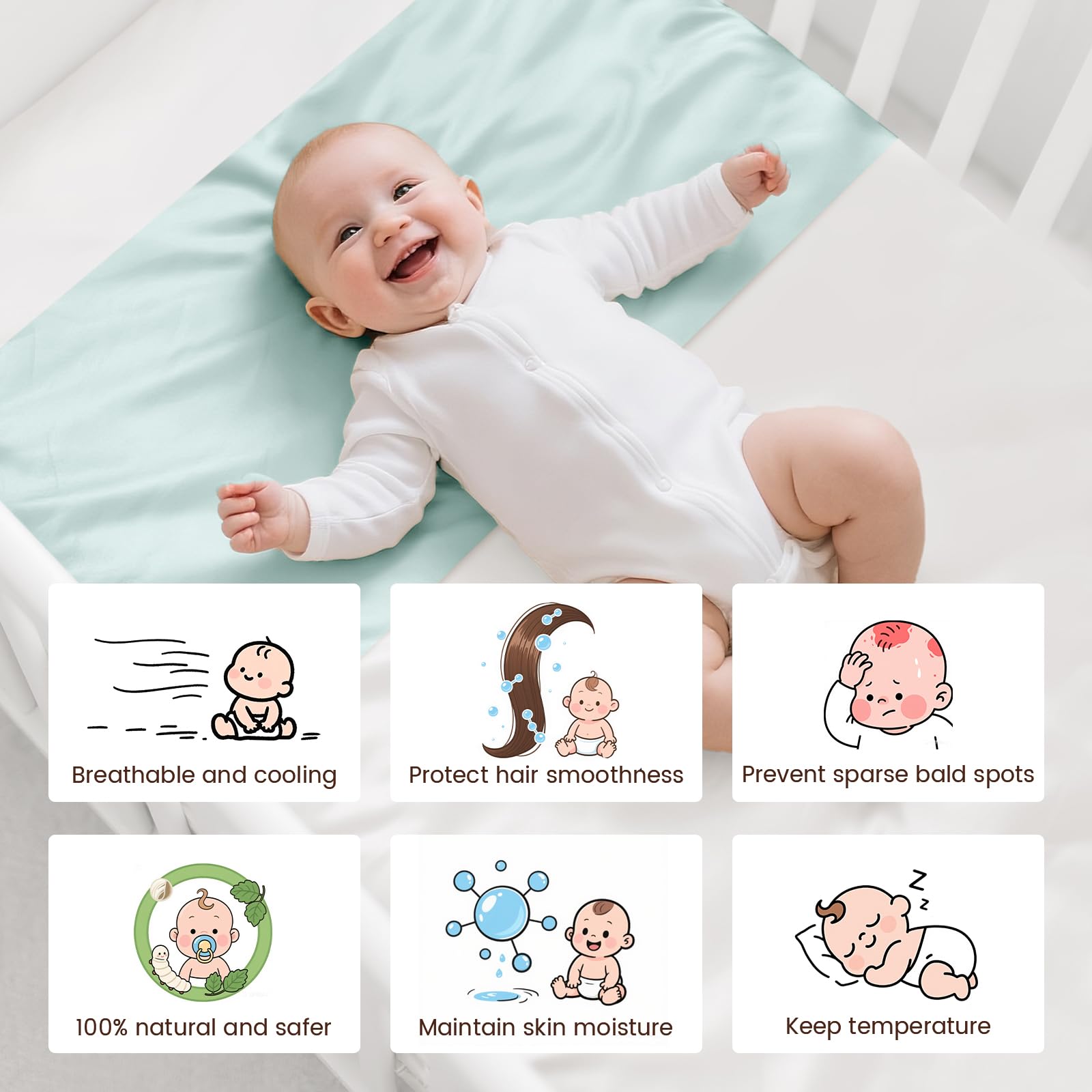 THXSILK Spannbettlaken für Baby, 100% Maulbeerseide, Weich und Atmungsaktiv zum Schutz der Babyhaare, Elastischer Klettverschluss, Oeko-TEX Zertifiziert, 52x105 cm (Hellblau, 1 Stück)