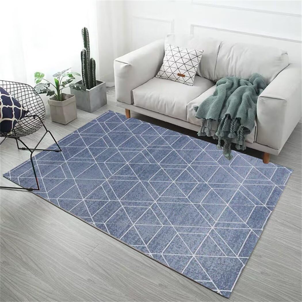 Grand tapis de salon bleu 200x300cm géométrique moderne pour salle à manger