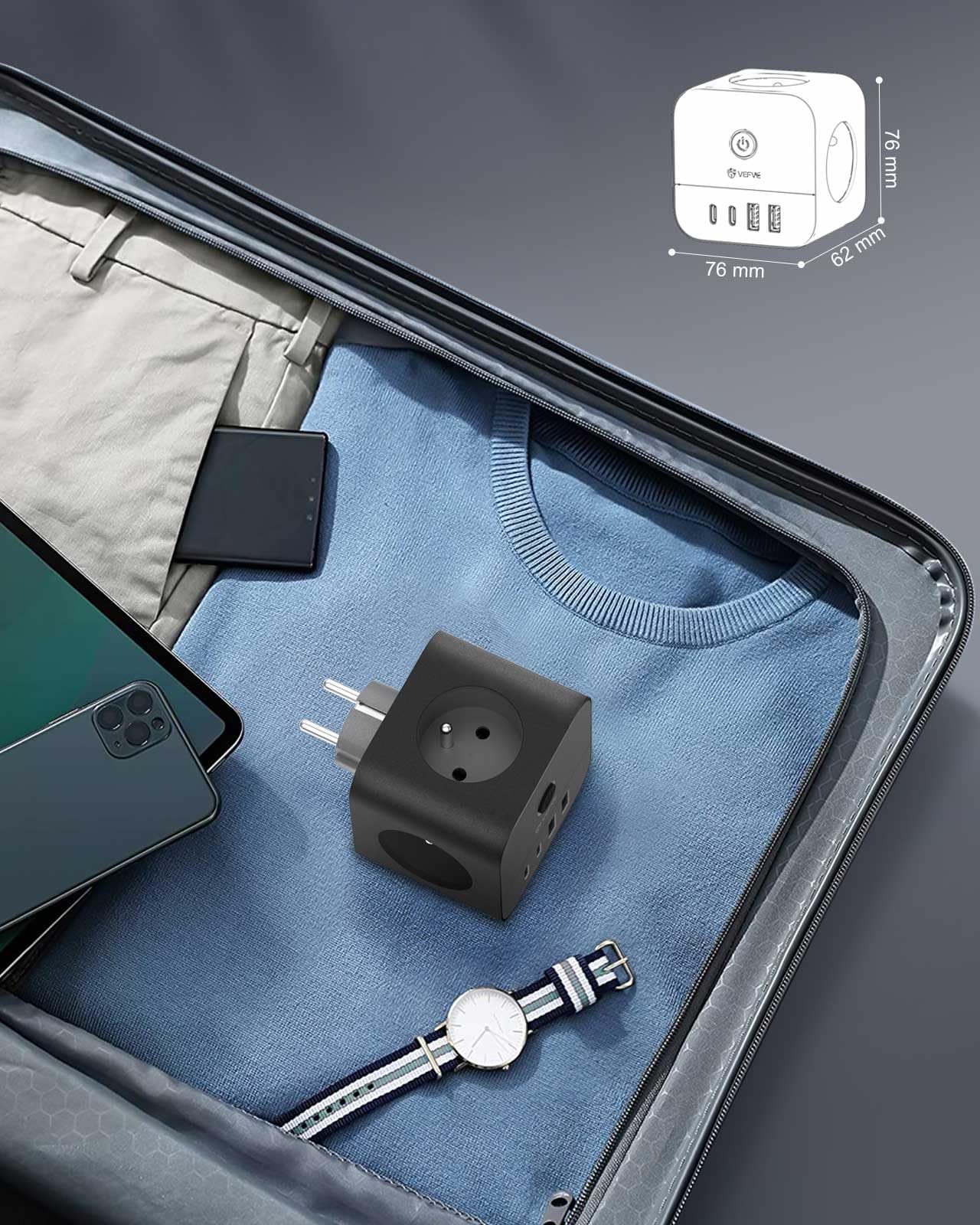 VEFVE Chargeur Rapide USB C 70W, Prise Multiprise Cube 7-en-1 avec Interrupteur, Technologie GaN III, Compatible Ordinateurs Portables, Tablettes et Smartphones