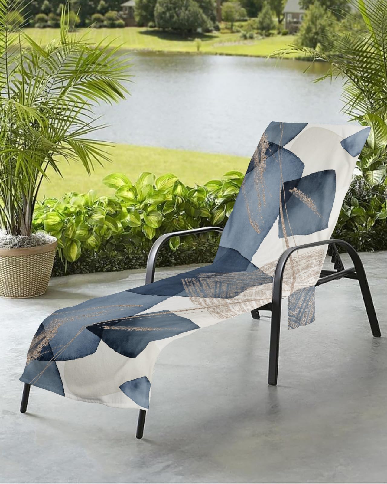 Modern Abstract Beach Chair Towel Covers for Chaise Lounge with Side Pocket, Soft Plush Pool Towels Cover for Patio Sunbathing Outdoor 29''x85'' Geometric Circles Stripes Blue Art