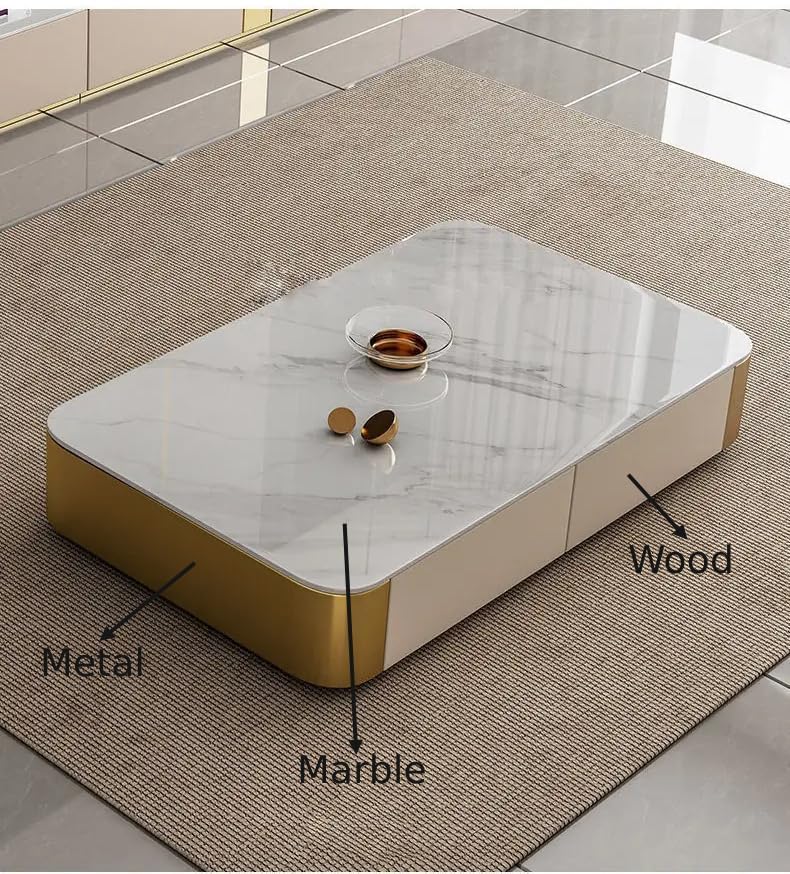 Image of WOODEN SPACE Jaguar Modern Marble Top Coffee Table with Storage | 47.24 Inch Rectangular Centre Table for Living Room | High Gloss Finish (Beige)