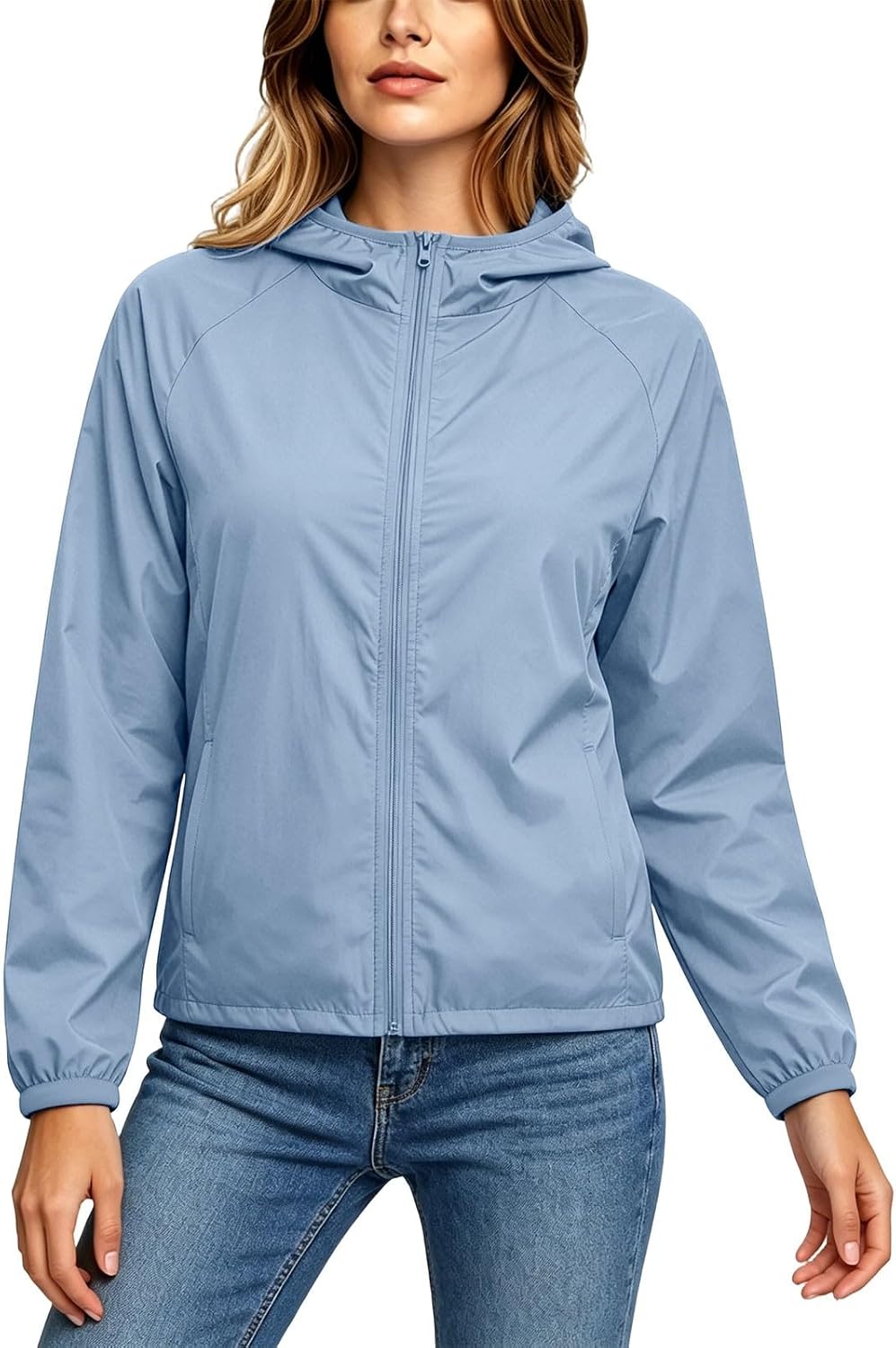 Lightweight Rain Jackets for Womens Windbreaker Casual Outerwear | Raglan Sleeve Cut, Unlined Minimalist Profile, Open Hand Pockets, Front Zip Closure, Everyday Casual Wear