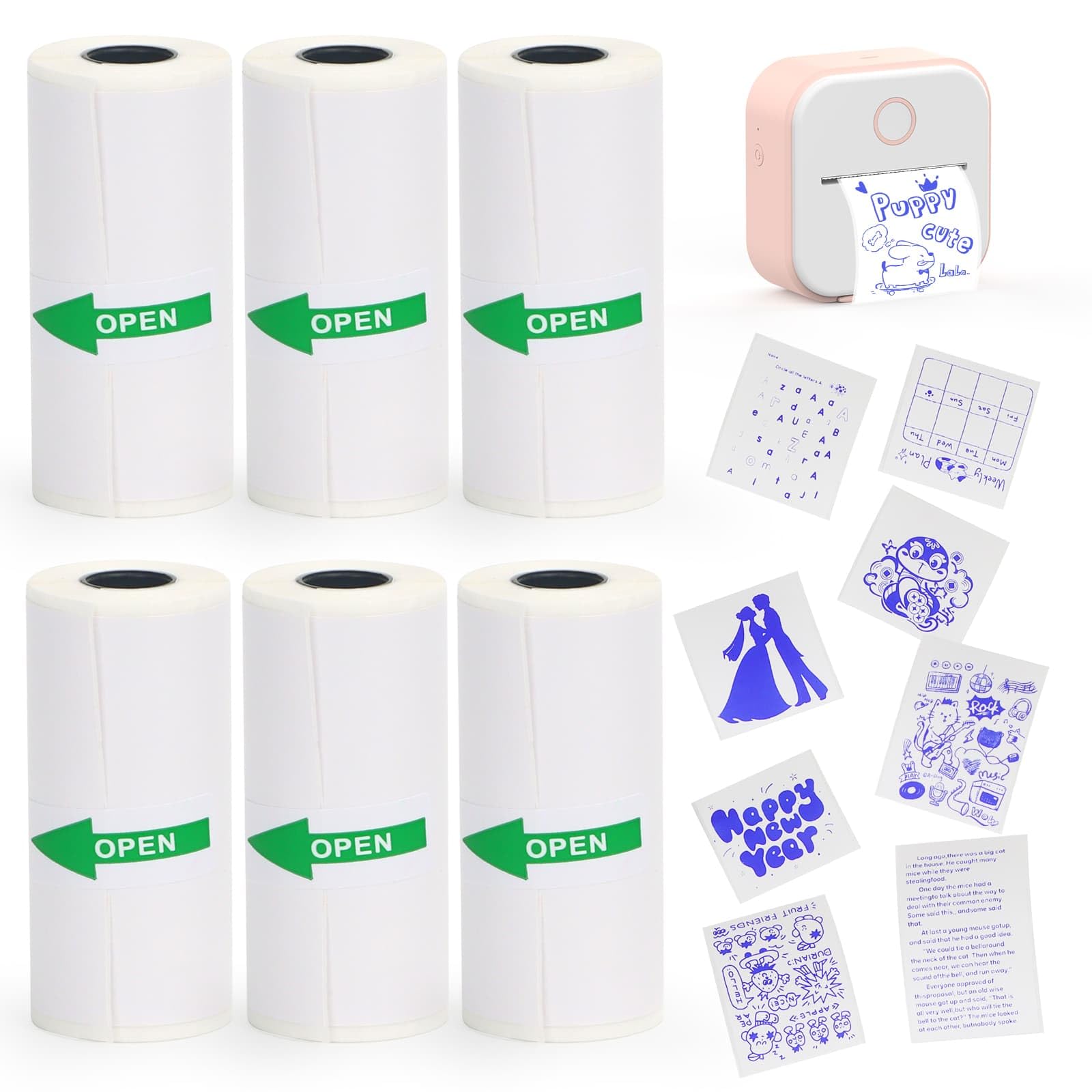 HuiJuKeJi Mini Printer Sticker Paper for Phomemo T02/M02/M02X/M02L, 53 * 28mm Blue on White Self-Adhesive Thermal Printer Paper, BPA-Free Inkless