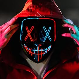 Poptrend Halloween Mask LED Light up Mask Scary mask for Festival Cosplay Halloween Costume Masquerade Parties,Carnival,Gift (Red+Blue)