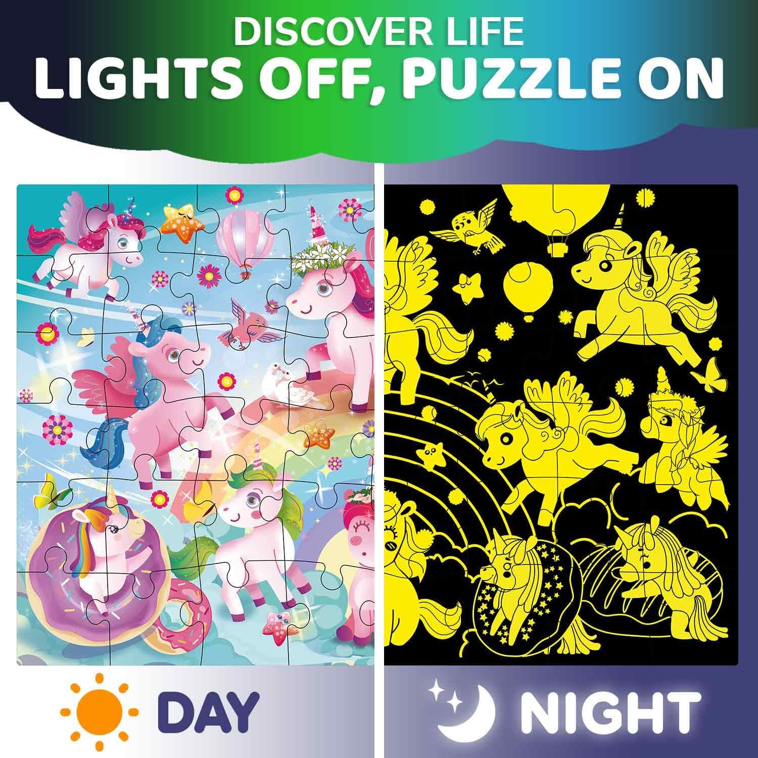 QUOKKA Jumbo Floor Puzzles for Kids Ages 4-6 – 2x3 Ft Giant Glow in the Dark Jigsaw Puzzles for Kids Ages 3-5 – 48 Large Pieces Magic Fantasy Unicorn Scene for 4-8 yo – Toy with Gift Box for Toddlers