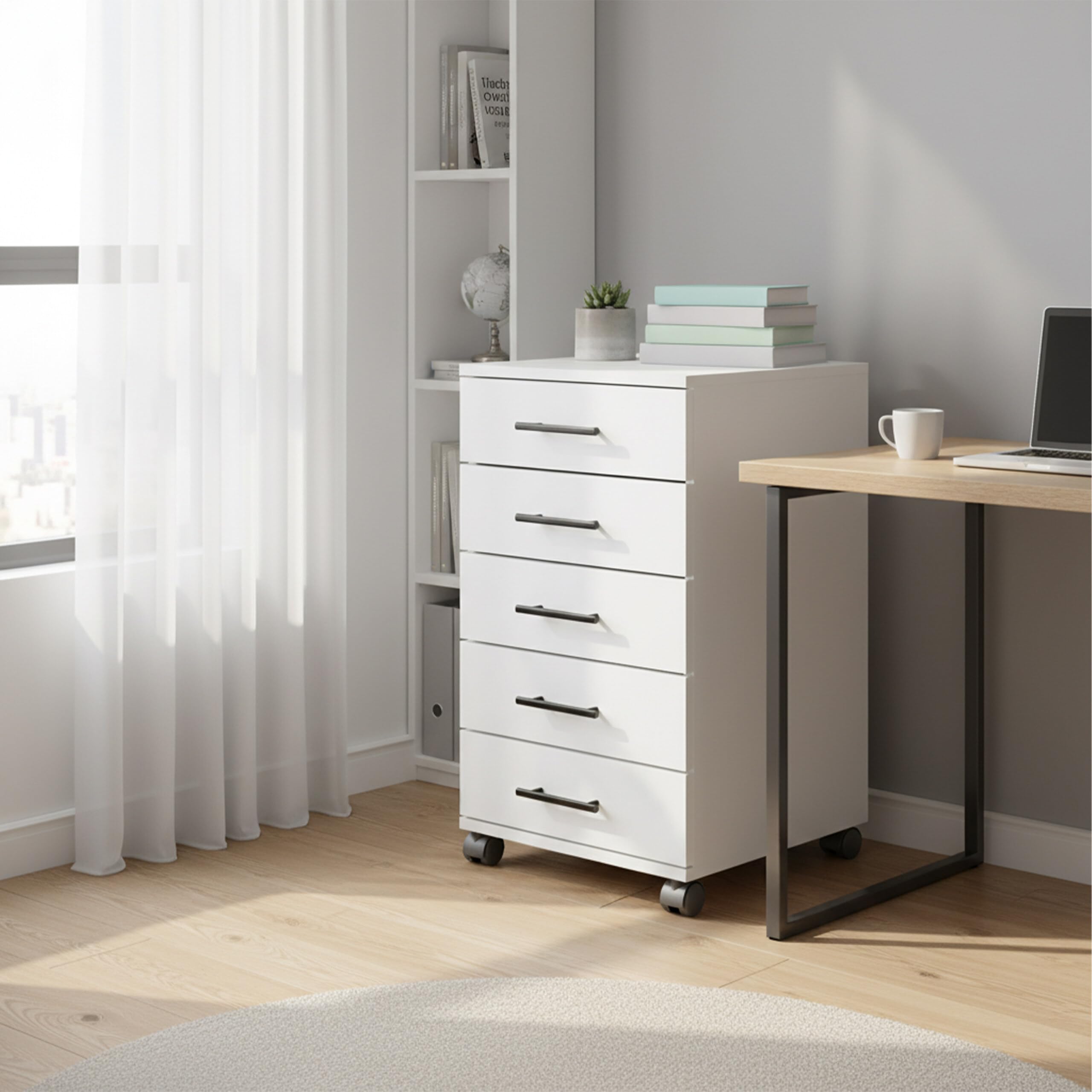 Contenitore su rotelle Relaxdays, 5 cassetti, HxLxP: 69 x 40 x 40 cm, mobiletto per Ufficio su rotelle, Bianco