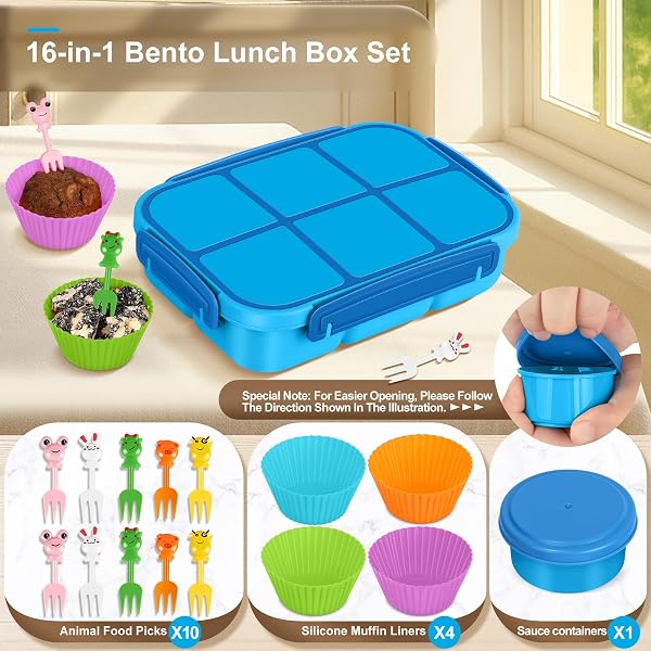 Amathley Brotdose Kinder mit FäChern,Bento Box Kinder,Brotdose Erwachsene,1200ml Lunchbox snackbox mit 6 FäChern,Saucenbehälter,10 Cartoon Bento Obstgabeln und 4 Muffinförmchen (Blau) - 4