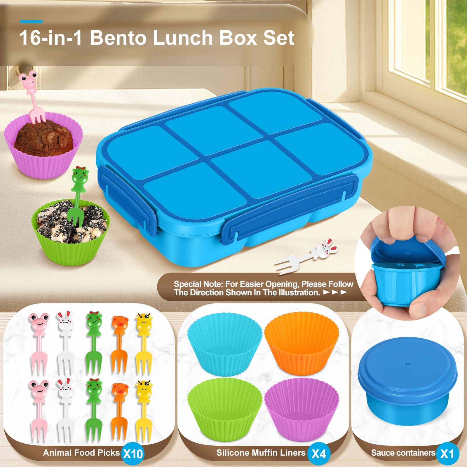 Amathley Brotdose Kinder mit FäChern,Bento Box Kinder,Brotdose Erwachsene,1200ml Lunchbox snackbox mit 6 FäChern,Saucenbehälter,10 Cartoon Bento Obstgabeln und 4 Muffinförmchen (Blau) - 5