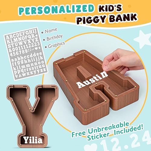 Miniatura 445 de SummiDate Alcancía de madera con nombre, niños y niñas, tamaño grande, letras alfabeto A-Z, monedas y billetes, inicial en cubierta transparente