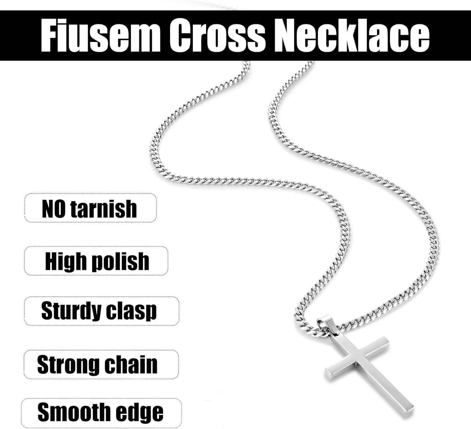 Fiusem Cross Necklace for Men, Silver Tone/Black/14K Gold Plated Mens Cross Necklaces with 3.5mm Chain and Stainless Pendant, Cuban Chain 16-24 Inches - Image 5