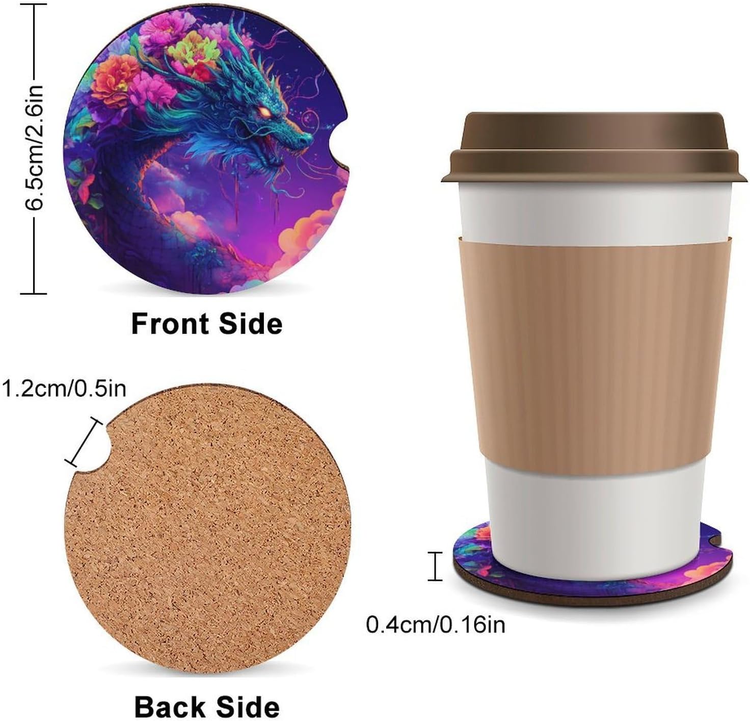 Dragon with Flowers Moon Night Cute Car Coasters 2.56 Inch Absorbent Cup Holder for Drinks Auto Interior Accessories