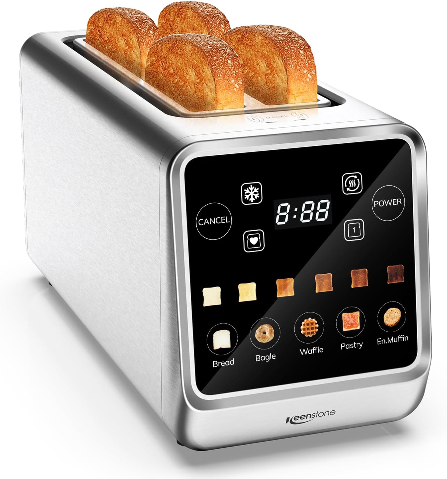 Keenstone Toaster 4 Slice, Digital Smart Toaster with TouchScreen, Memory Function, Single Slot Toasting, Timer, Reheat & Defrost for Bagels, Bread, Waffles, Muffin, Stainless Steel Kitchen Essentials