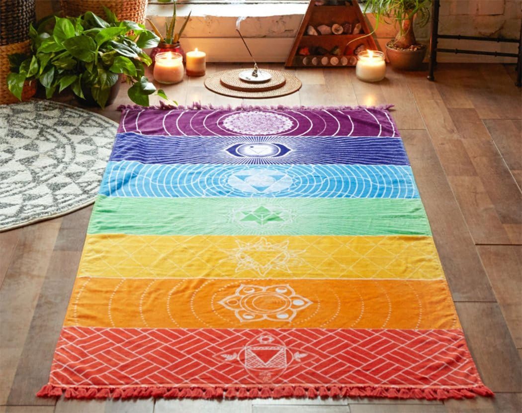 MAYWHEN Colorful Ultra-light Square Beach Towel Thin Polyester with Fringe Tassels Rainbow Totem Pattern Stylish Breathable Rug for Beach Terry Playroom Decor Multi 59 Inch