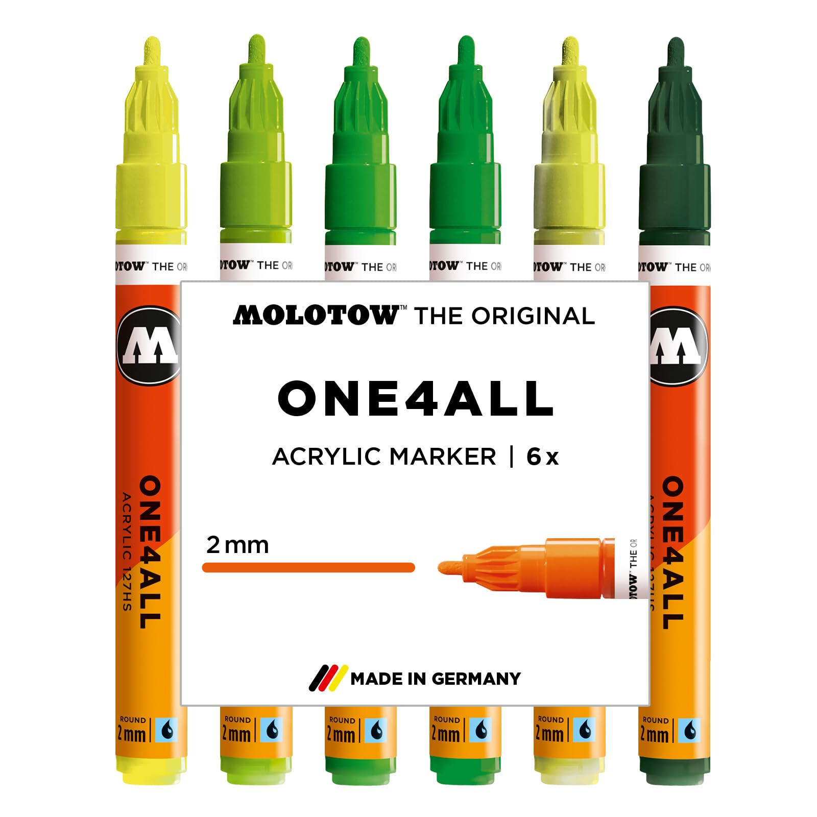Molotow One4All 127HS Acrylic Marker Green Set (2.0 mm Line Width, High Coverage and Permanent, Quick Drying, Refillable, for Almost All Surfaces) Pack of 6 Assorted