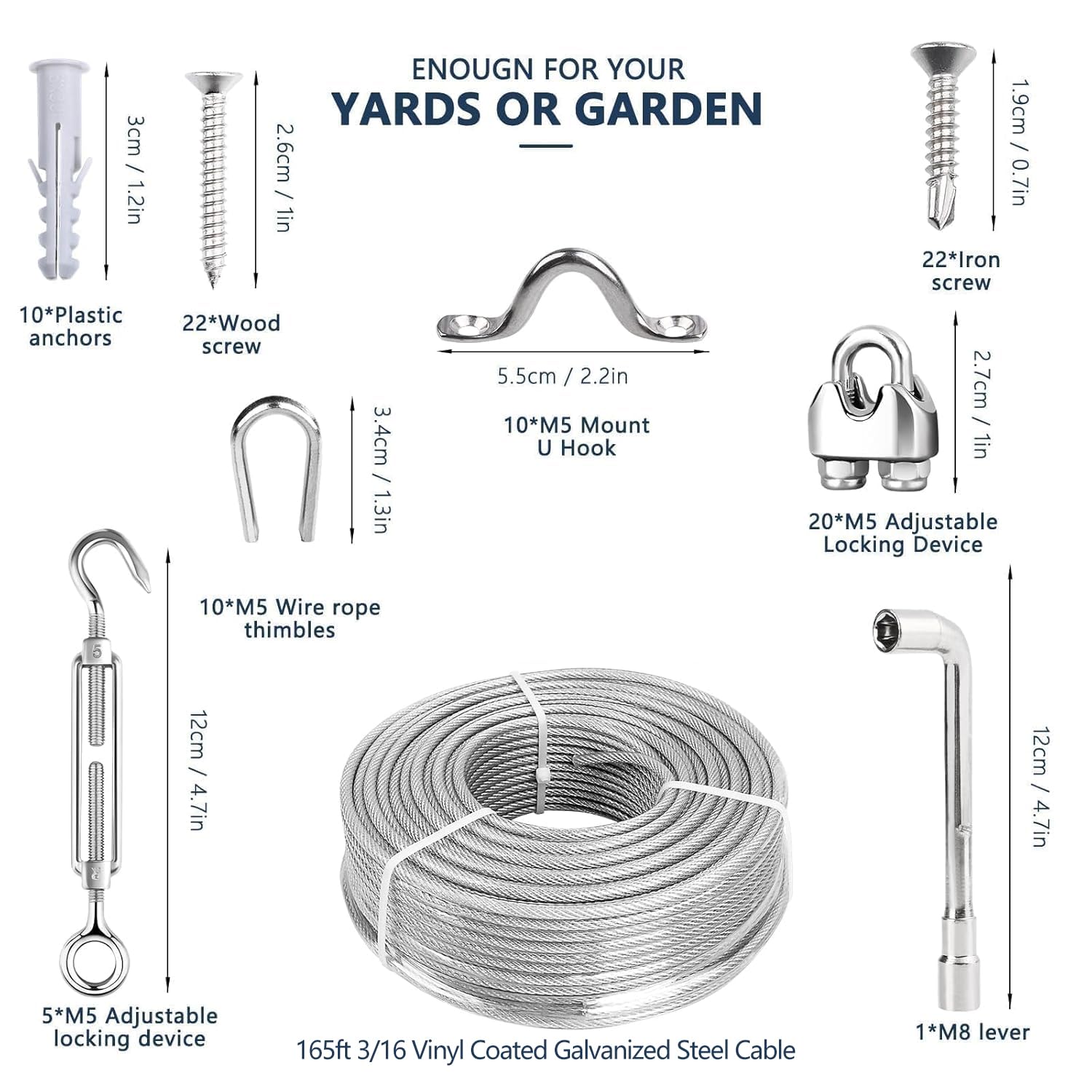 3/16 Wire Rope Kit, 165ft Vinyl Coated Galvanized Steel Cable with M5 Turnbuckles for Cables Wire, Rope Clamp & Thimble, 7X7 Strand Aircraft Cable for Clotheslines, Shade Sail, Decking Railing