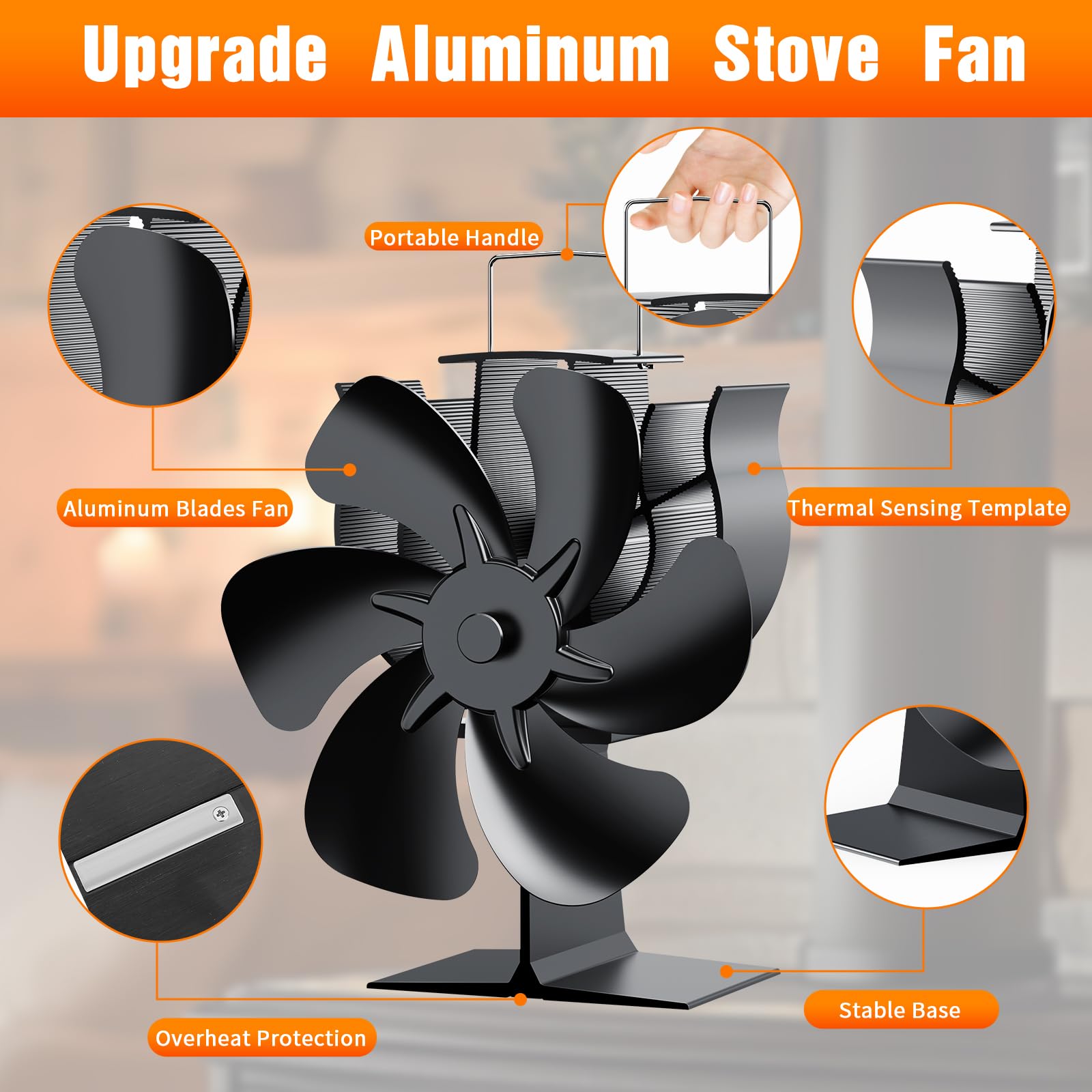 Ventilatore Per Stufa a Legna, Ventilatore per camino con 6 pale, Ventola da Caminod Silenzioso Alimentato Calore, Ventilatore Camino Stufa per Legna e Camino Pellet