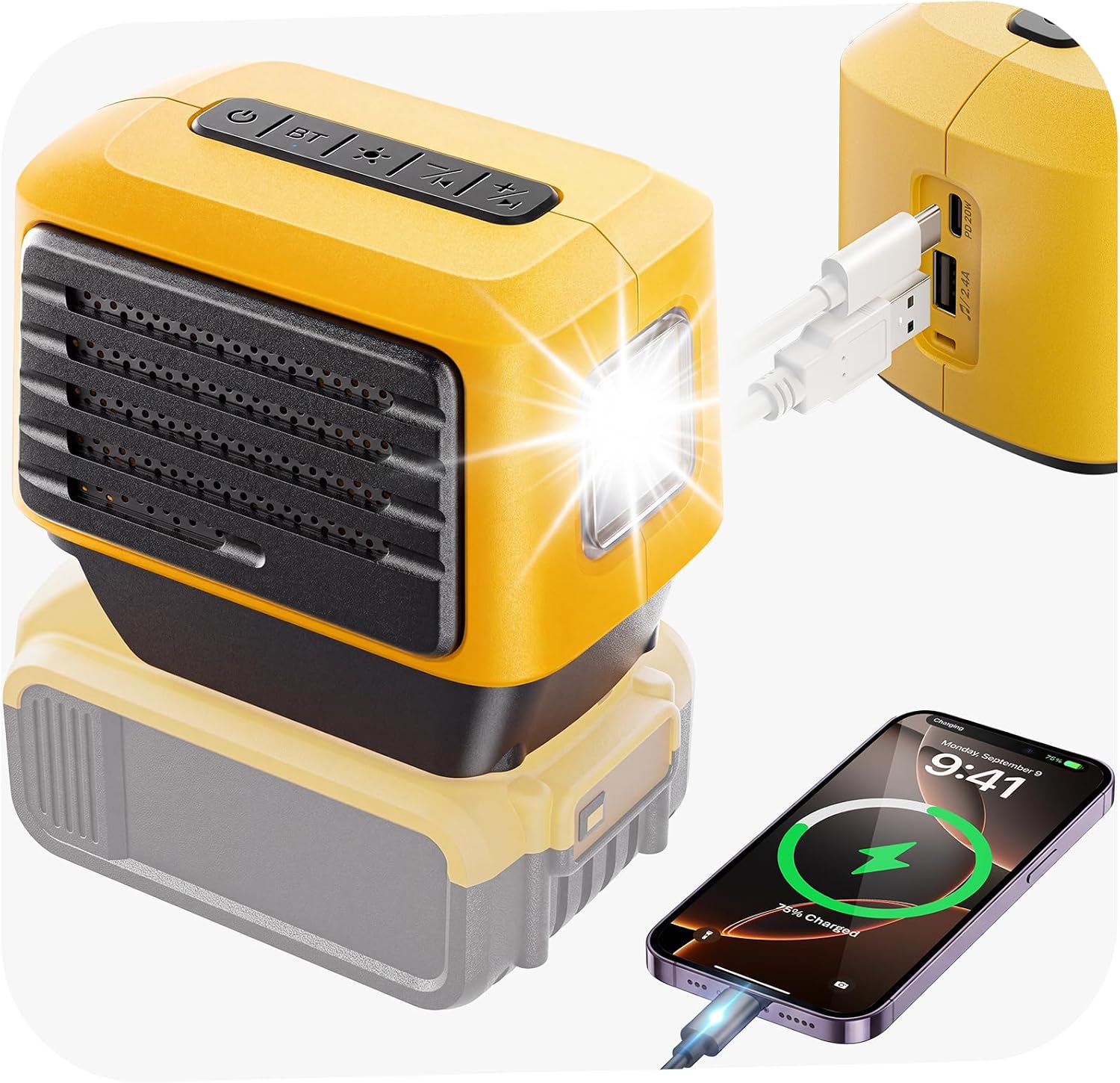 Bluetooth Speaker for Dewalt 20V Battery with LED Light & USB-C/A Charging