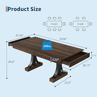 Garvee 71-Inch Walnut Rectangular Dining Table for 6-8 with 2 Drawers, Sturdy Double Pedestal Wood Kitchen Table