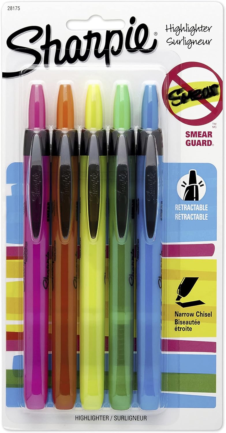 Sharpie Retractable Highlighters, Chisel Tip, Assorted Fluorescent
