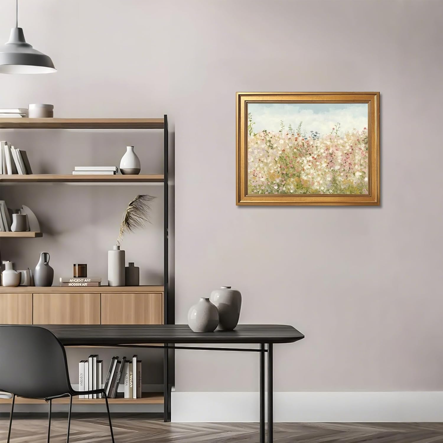 Licpach Wildflower Field Vintage Canvas Wall Art Rustic Floral Spring Landscape Painting Farmhouse Botanical Flower Poster Countryside Nature Print for Living Room Bedroom Decor 12X16inch Golden Frame
