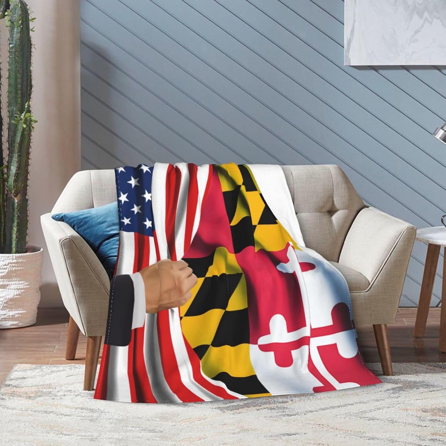 Warm Ultra-Soft American Flag and Maryland Flag Flannel Blanket,Black All Season Throw Blanket Home Decor Gifts for Sofa Couch Bed Living Room 60"X50"