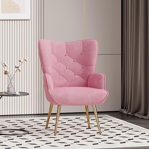 Miniatura 6 de Nalupatio Silla decorativa moderna de mediados de siglo, sillón tapizado de terciopelo con patas de metal, silla auxiliar con respaldo de ala con