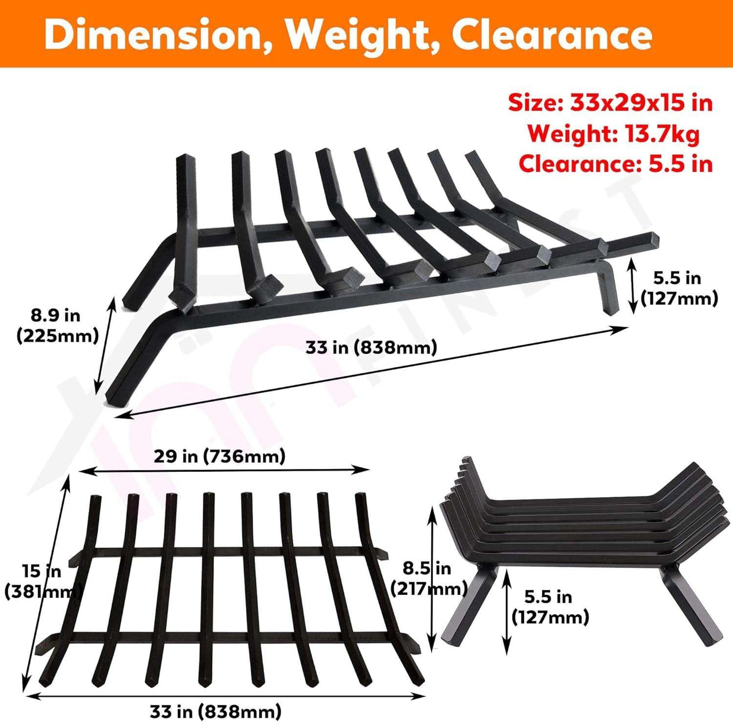 36” Fireplace Wood Rack, Fire Grate with 8 Bars Fireplace Accessories, Cast Iron Fireplace Grate for Indoor Fireplace & Outdoor Fire Pit, No Assembly (36 Inch)