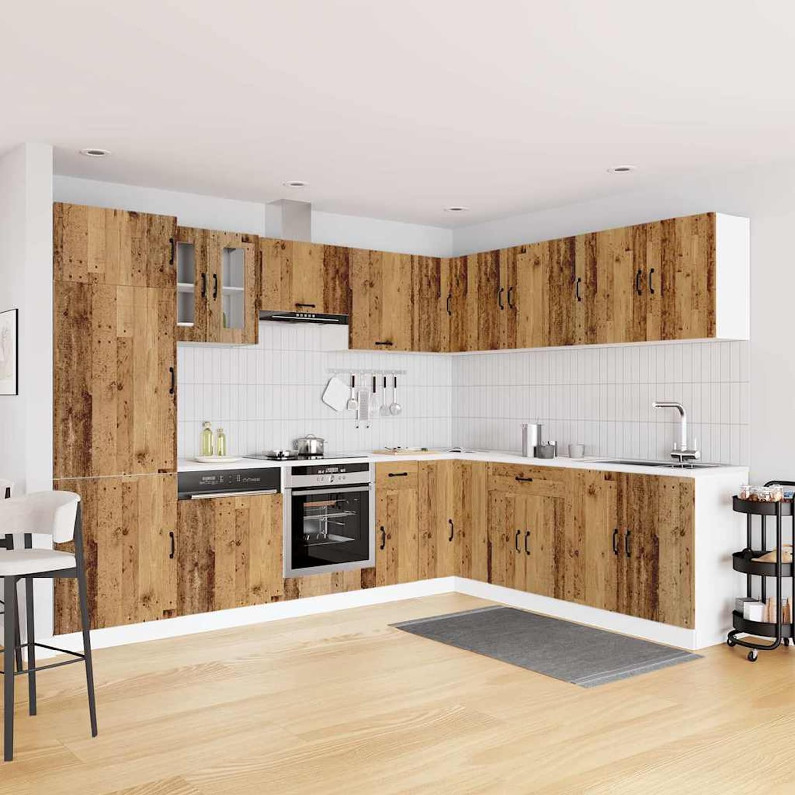 ATOMSTACK MAKER Set di 14 mobili da cucina Kalmar in effetto legno anticato (legno e vetro), per lavello, forno, angolari e pensili per cucina completa, con pannello per lavastoviglie