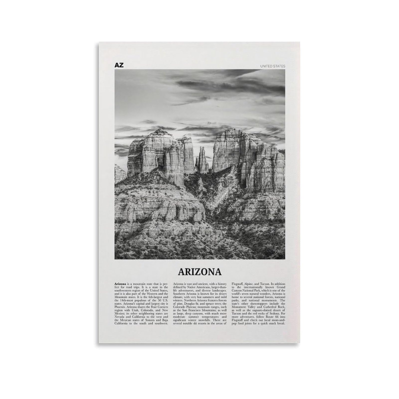 LZTEN Arizona Print Black And White Landscape, Arizona Wall Art, Arizona Poster, Arizona Photo, Arizona Wall Décor, Arizona Map, United States Canvas Wall A