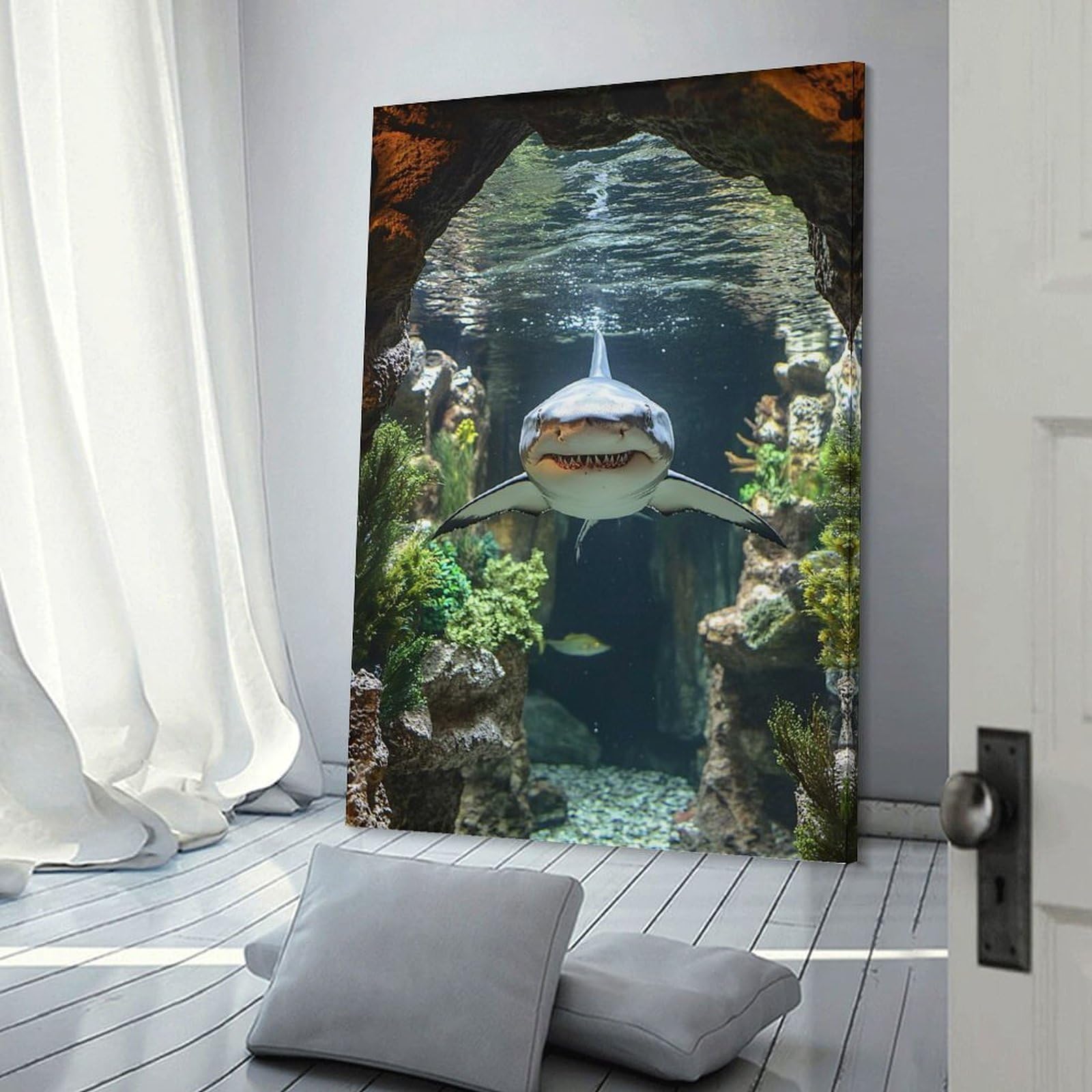 Junmoney Shark Swimming through Underwater Cave Canvas Wall Picture, 24x36inch(60x90cm), for Front Hall, Corridor Or Welcome Spaces, Wall Decor to Refresh Empty Corners