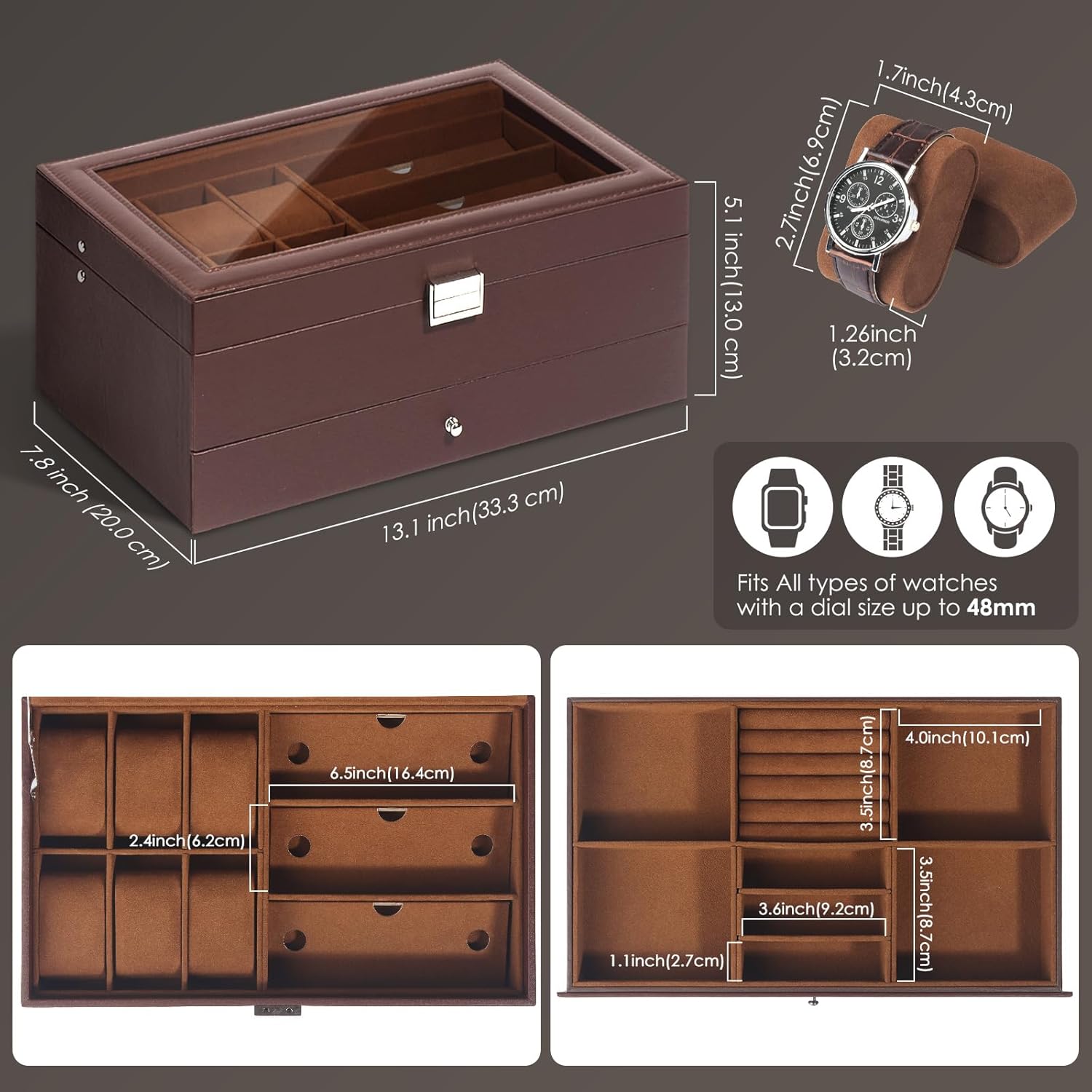 Jewelry Box for Men, 6 Slot Watch Box Jewelry Organizer With Drawer, Watch Case for Men with Large Window, 2-Layer Watch Holder, Sunglasses Storage Organizer, Velvet Lining, PU Leather, Gift Idea - Image 3