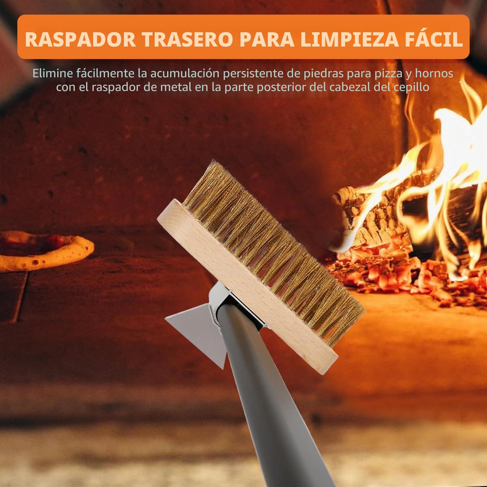 Cepillo para horno de pizza, 130 cm, con rascador de acero, mango de aluminio extraíble y cepillo de latón, ideal para limpieza de hornos, piedras para pizza y barbacoas
