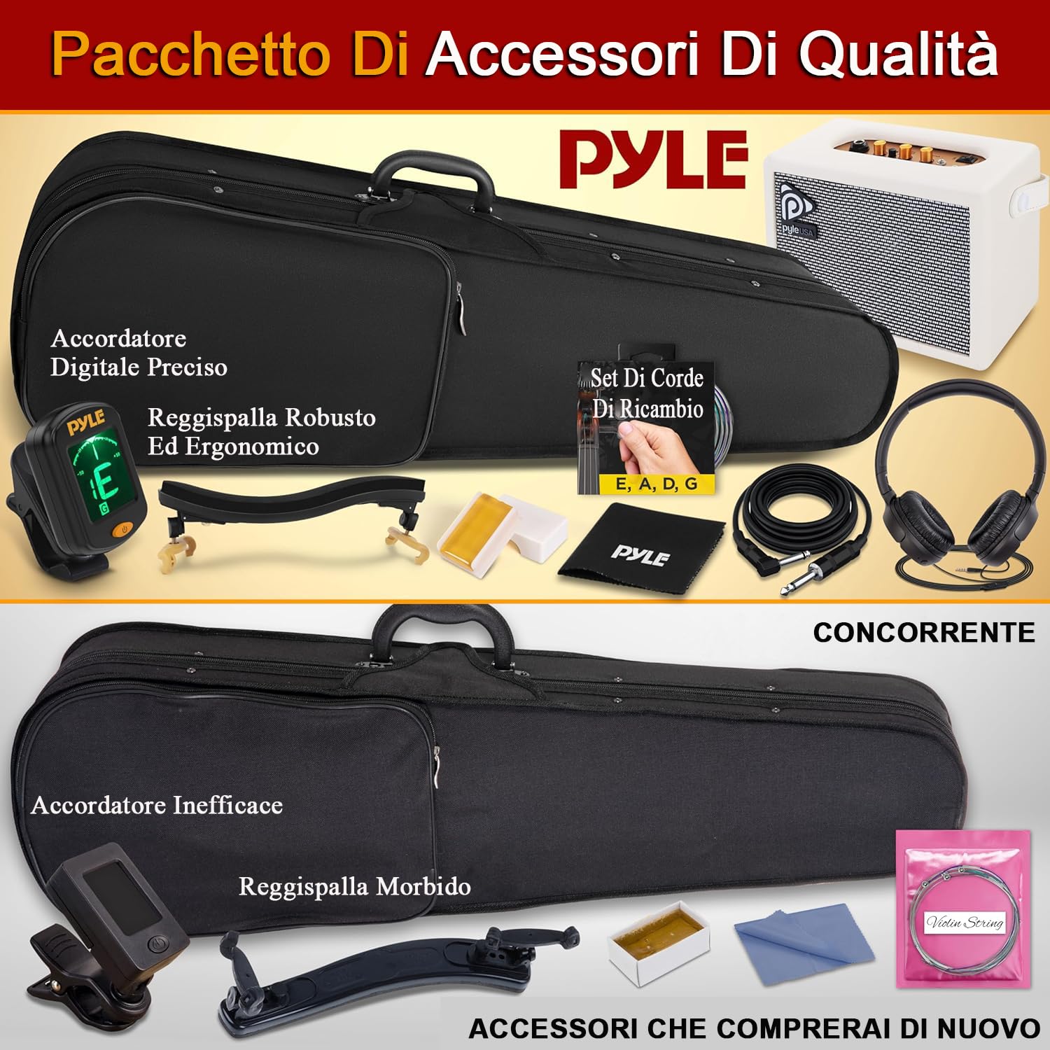 Pyle 4/4 Violino Elettrico Silenzioso con Kit Amplificatore, Violino in Legno Massello con Amplificatore da 10W e Accessori Completi, Strumento a Corde Orchestrale per Principianti e Uso Professionale