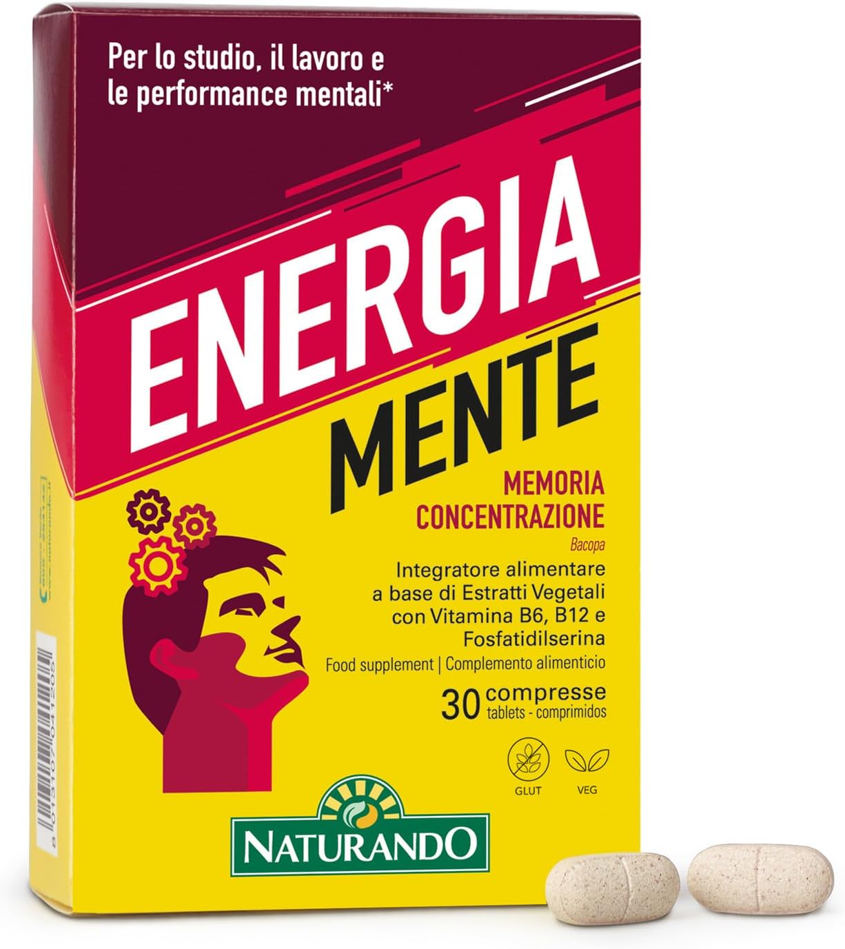 Energia Mente Voedingssupplementen op basis van plantenextracten die vitamine B6, B12 en fosfatidylserine bevatten, 30 tabletten