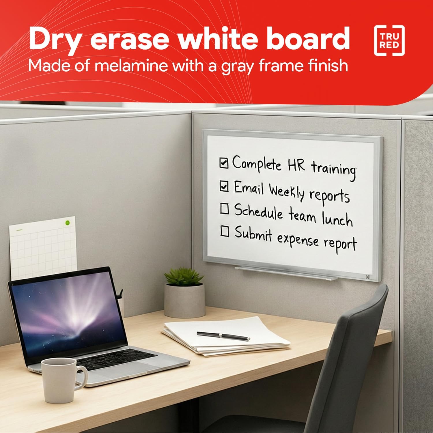 TRU RED Melamine Whiteboard | Dry Erase Board for Wall, White Board with Gray Frame, 2 ft x 1.5 ft