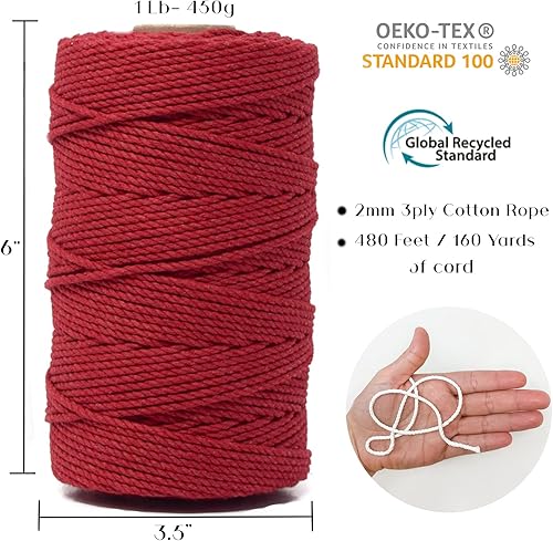 Miniatura 2 de GANXXET Cordón de algodón para macramé color rojo baya de 0.079 in, 3 capas recicladas, 3 hebras x 480 pies, para macramé y manualidades, para