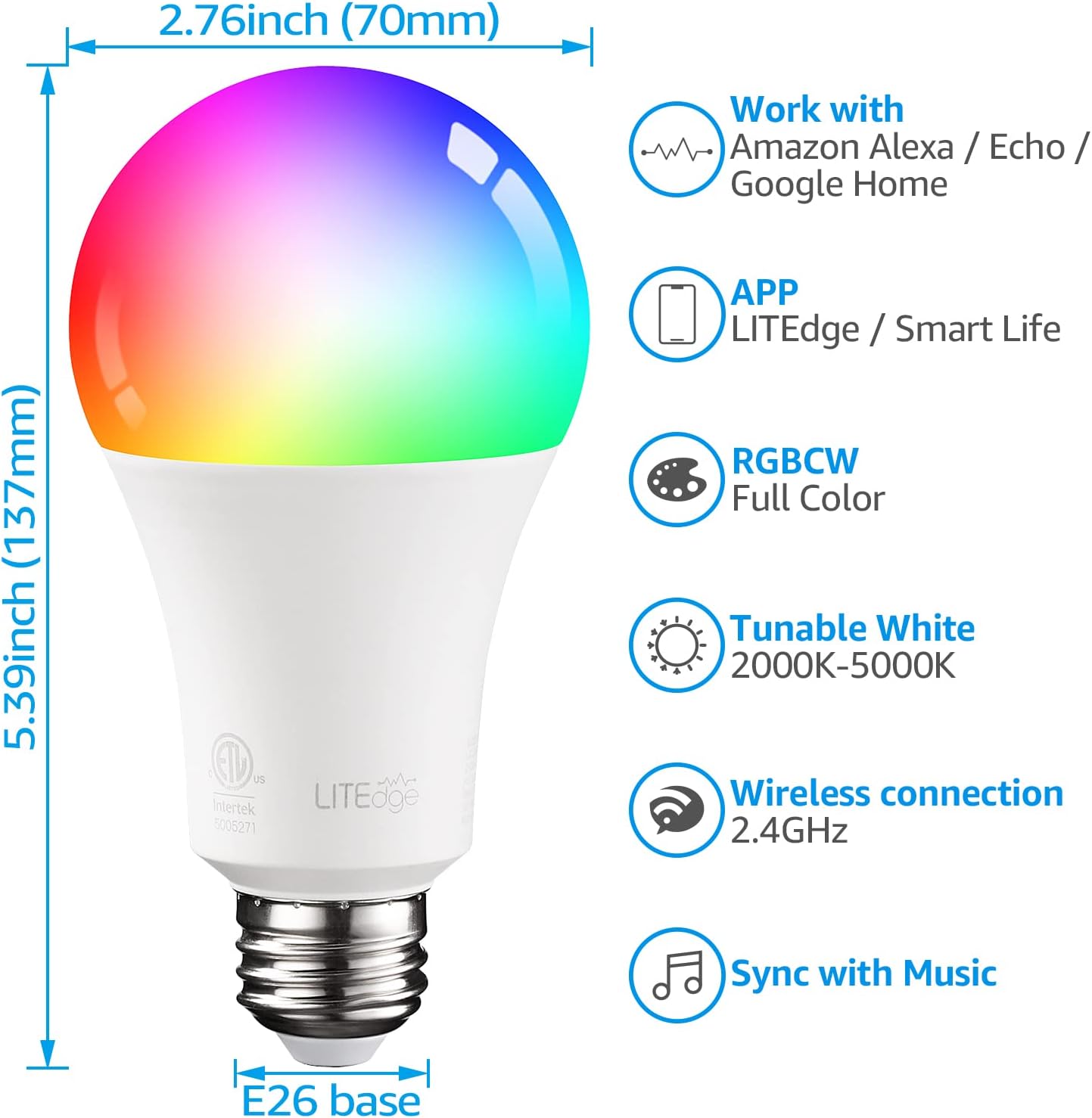 TORCHSTAR A21 Smart Light Bulbs, WiFi & Bluetooth, Compatible with Alexa, Echo, and Google Home, 2000K-5000K RGBCW Smart LED Bulb, No Hub Required, 75W Equivalent, E26 Base, Pack of 2