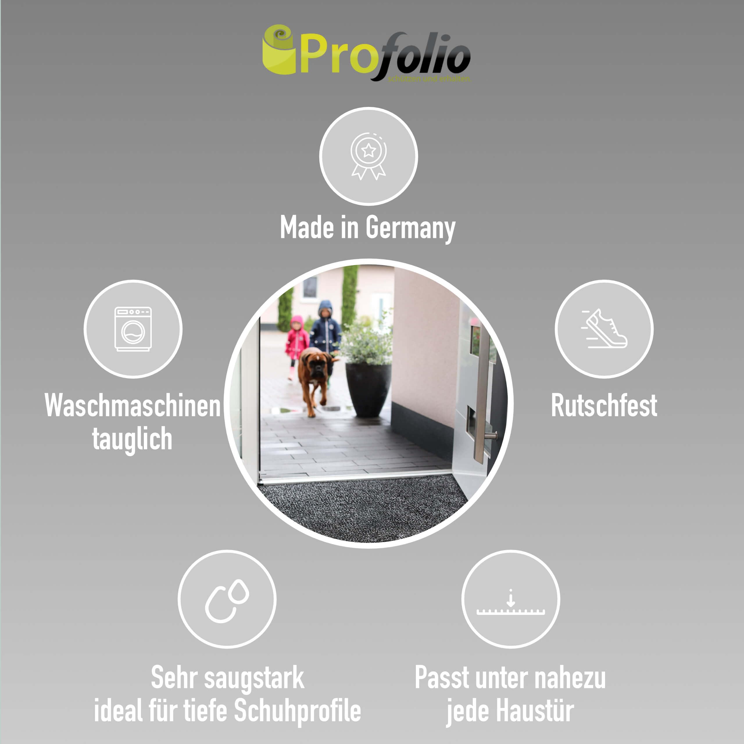 Profolio Zerbino per interni, lavabile e antiscivolo, per interni, tappetino piatto da 1 cm, zerbino per ingresso, porta di casa e corridoio, 220 x 110 cm, dimensioni a scelta