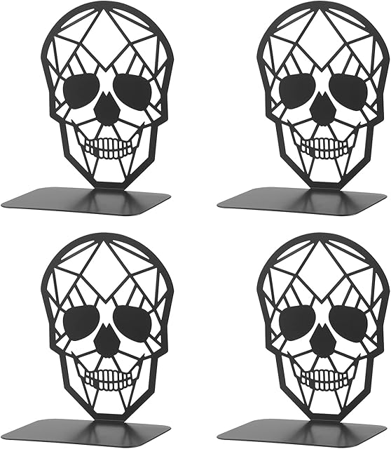 Metal Bookends, MSDADA Book Ends for Shelves, Geometric Book Holder for Heavy Books, Decorative Skull Book Shelf Holder, Non-Skip Book Stoppers for Office, School, Home(2 Pairs)