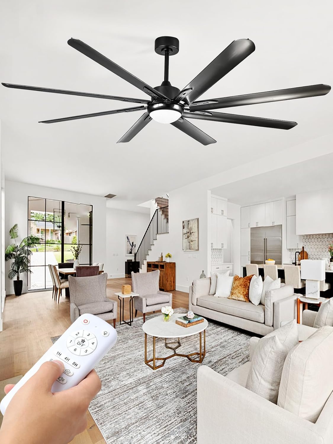 96 Inch Industrial Ceiling Fans with Lights, Large Indoor/Outdoor Ceiling Fan with Remote/APP Control, Quiet DC Motor, 8 Aluminum Blades, 3CCT, 6 Speed, Black Fans for Shop Gym Warehouse