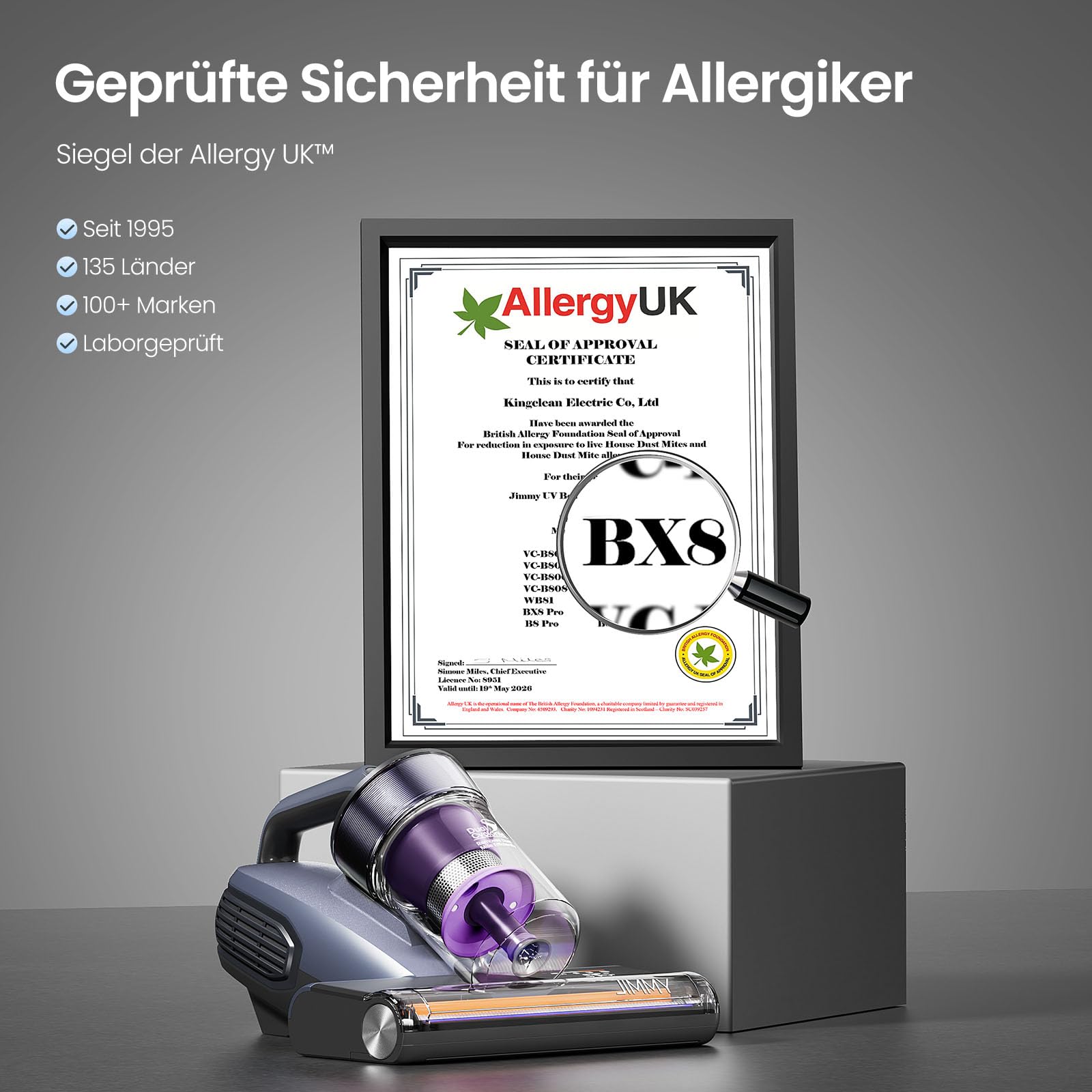 Jimmy BX8 Milbensauger für Matratzen mit UV-Licht & 65℃ Heißluft | Staubsensor, Negativ-Ionen-Funktion zur Luftreinigung, LED-Bildschirm, 15kPa Starke Milbenstaubsauger für Bett Sofas Teppich(Lila)