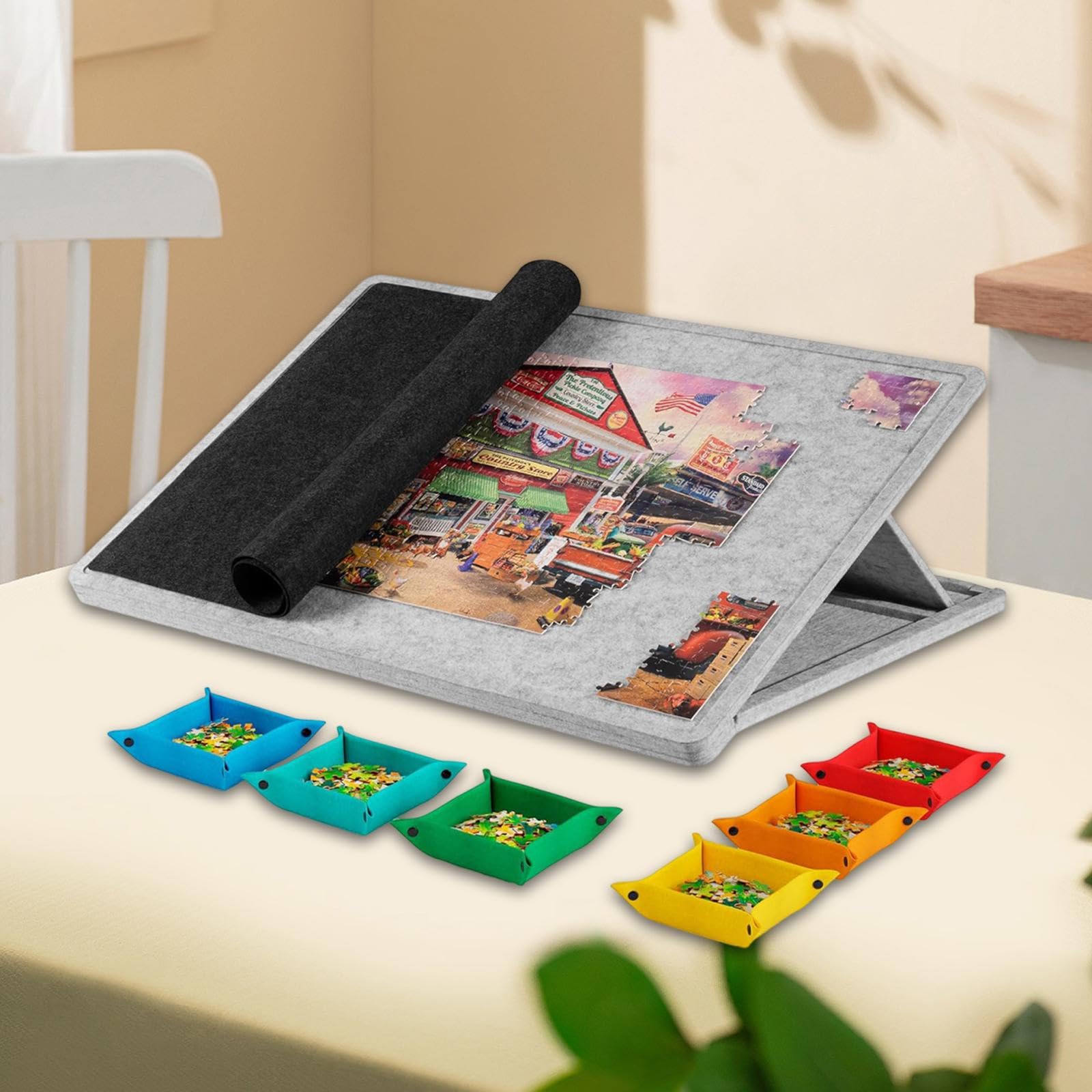 Tablero de Rompecabezas con Inclinable Mesa de Juego con Soporte de Montaje Y Superficie de Fieltro Ajustable Adecuado para Regalar a Hombr, Gris Claro