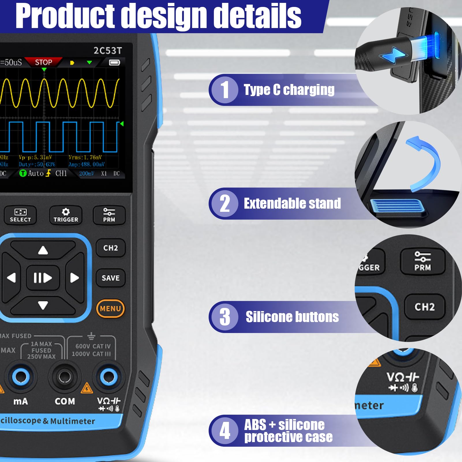 Oszilloskop Multimeter,3-In-1 Digital Oszilloskop Signal Generator | 2-kanal Zweikanal 50mhz Bandbreite, Multimeter Mit Oszilloskop Mit 250ms/S Abtastrate, 19999 ZäHlungen