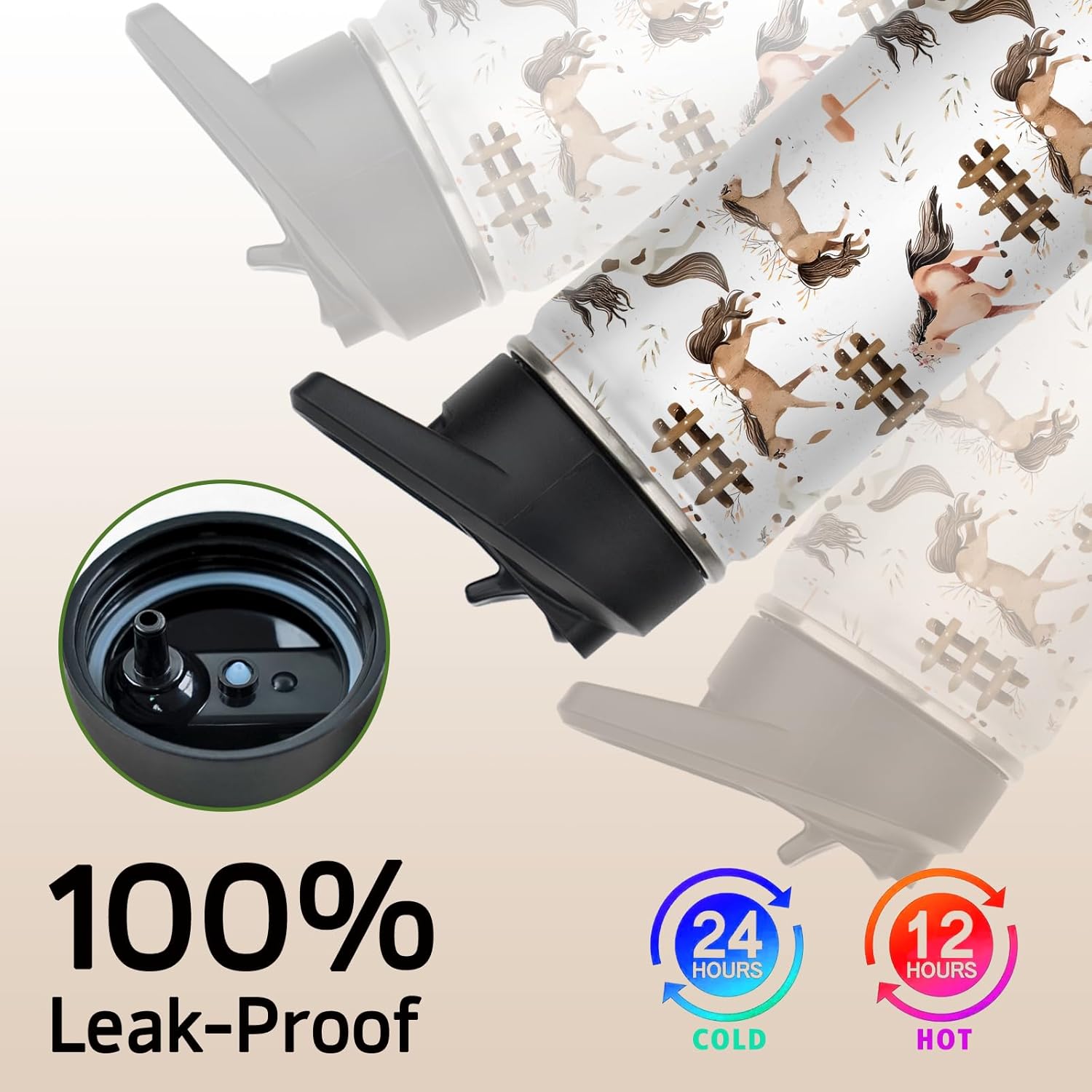 Horse Water Bottles with Straw, 18 Oz Insulated Stainless Steel Tumbler Cup Mug Horse Gifts for Women Girls Horse Lovers - Image 2