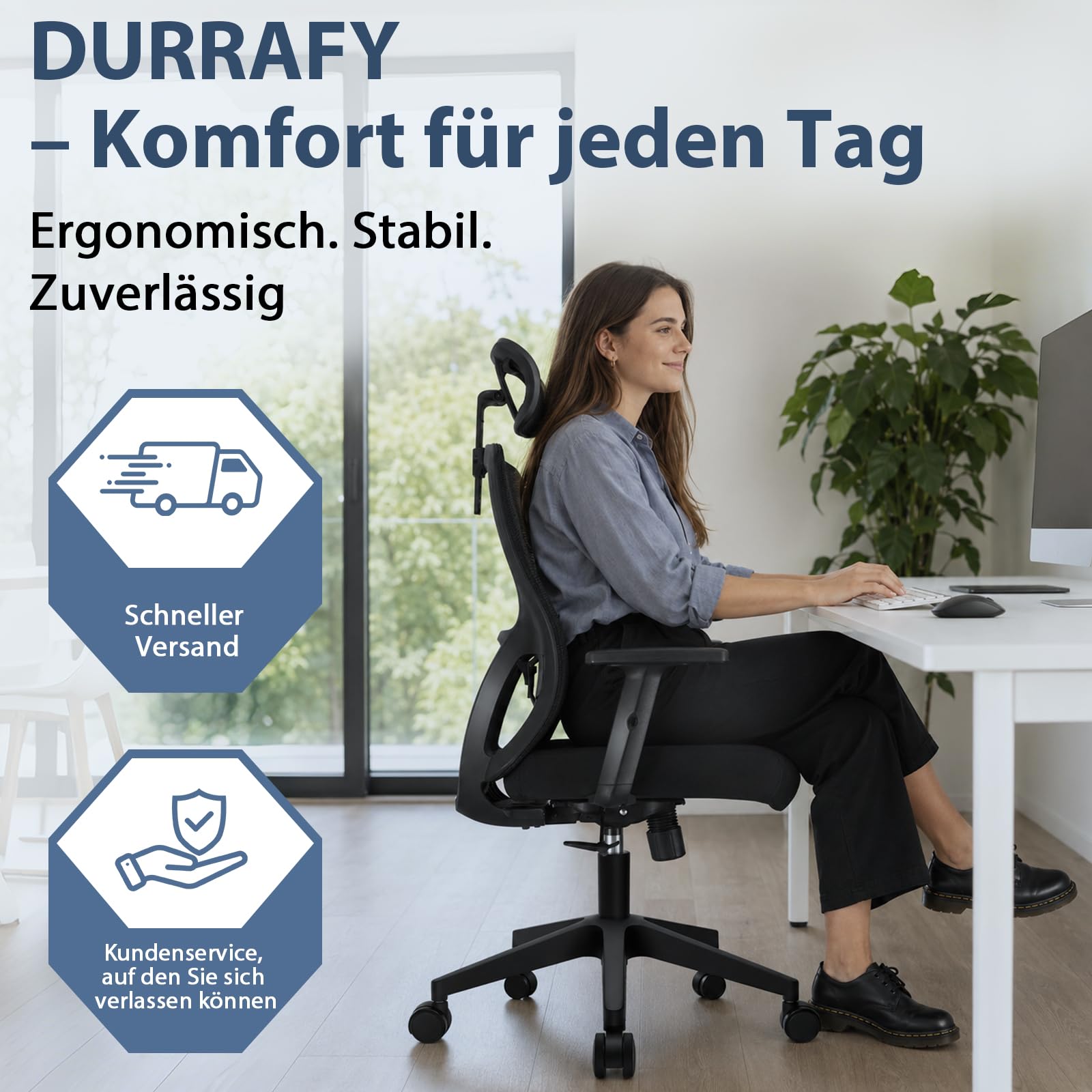 Durrafy Ergonomischer Bürostuhl, Bürostuhl 150 kg belastbar mit Verstellbarer Lordosenstütze und Kopfstütze, Netzstuhl Schreibtischstuhl mit 90°-130° Liegefunktion, Drehstuhl für Home Office, Schwarz